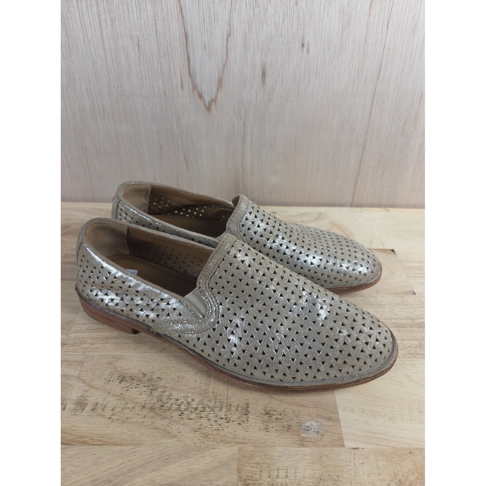 Trask Western Loafers Gold Perforated Metallic Suede Women 8 1/2 NEW